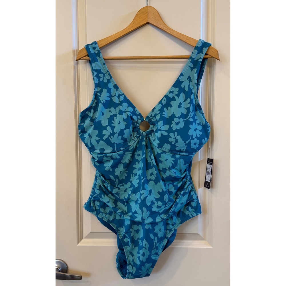 Lands' End Plus Size Teal Floral Ruched O-Ring One Piece Swimsuit NWT Size 1X